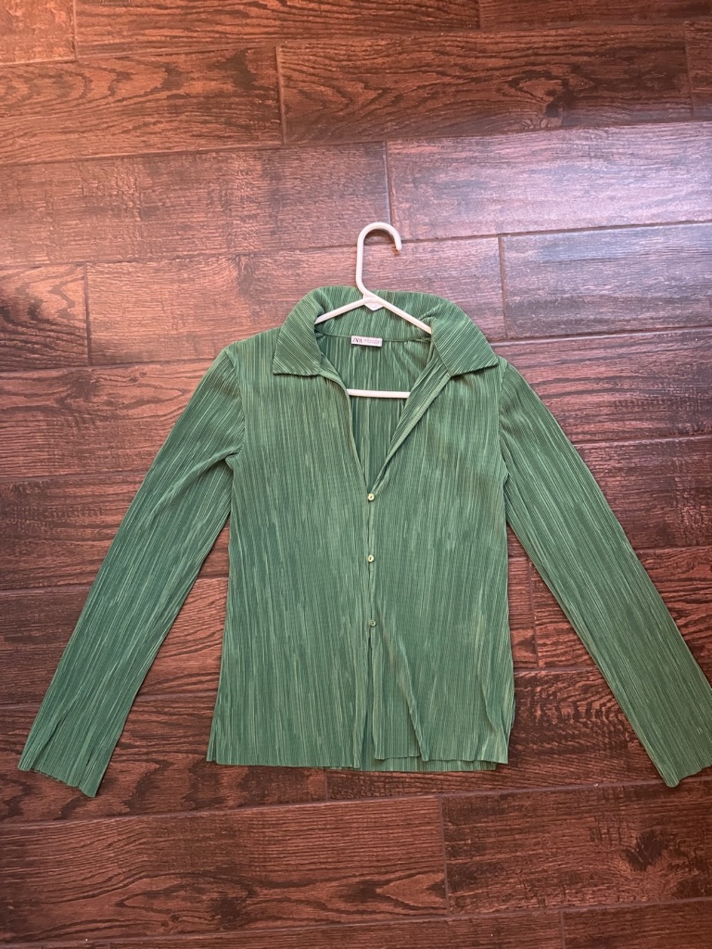Zara Green Pleated Button-Down Shirt